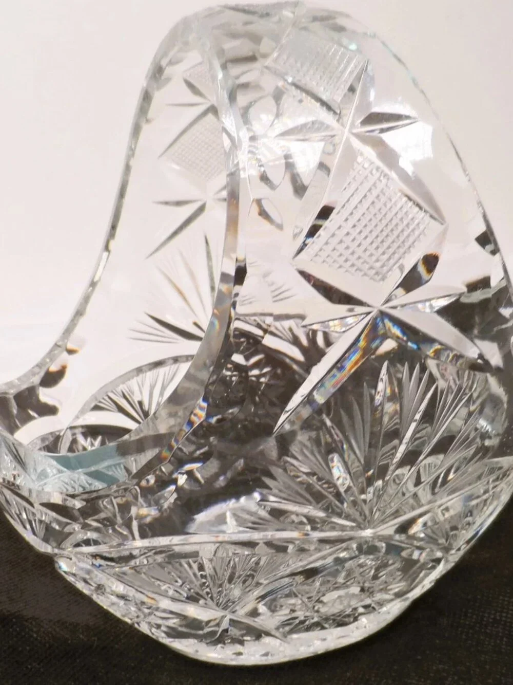Bohemian Clear Lead Crystal Basket w/Handle Starburst Pinwheel Design 5.75